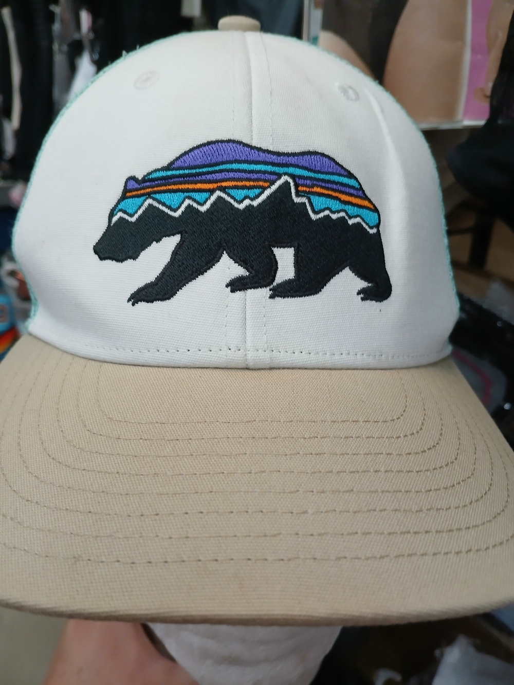Patagonia Kids White and Tan Bear Patch Baseball Cap